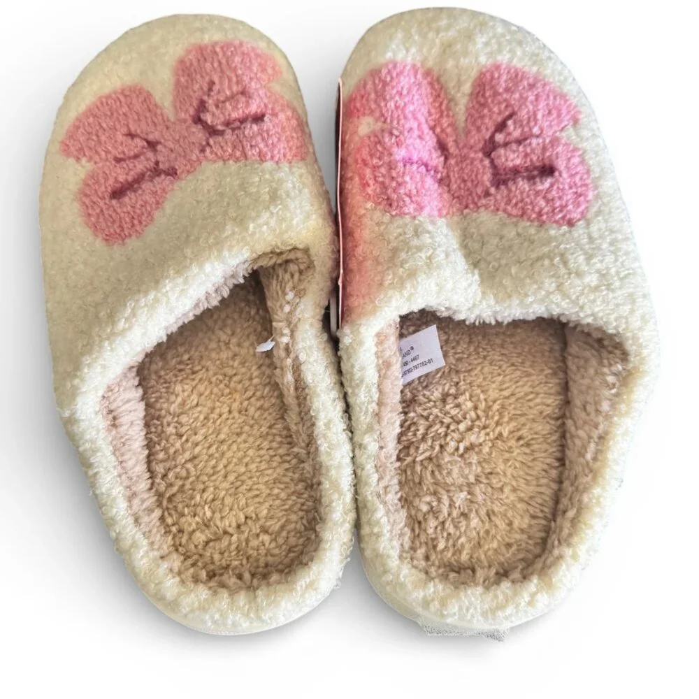 Ashland Girls Plush Slippers Pink Bow Cream Sherpa House Shoes Size: 3  NEW